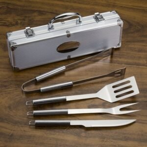 kit churrasco com 4 peças em inox maleta de alumínio